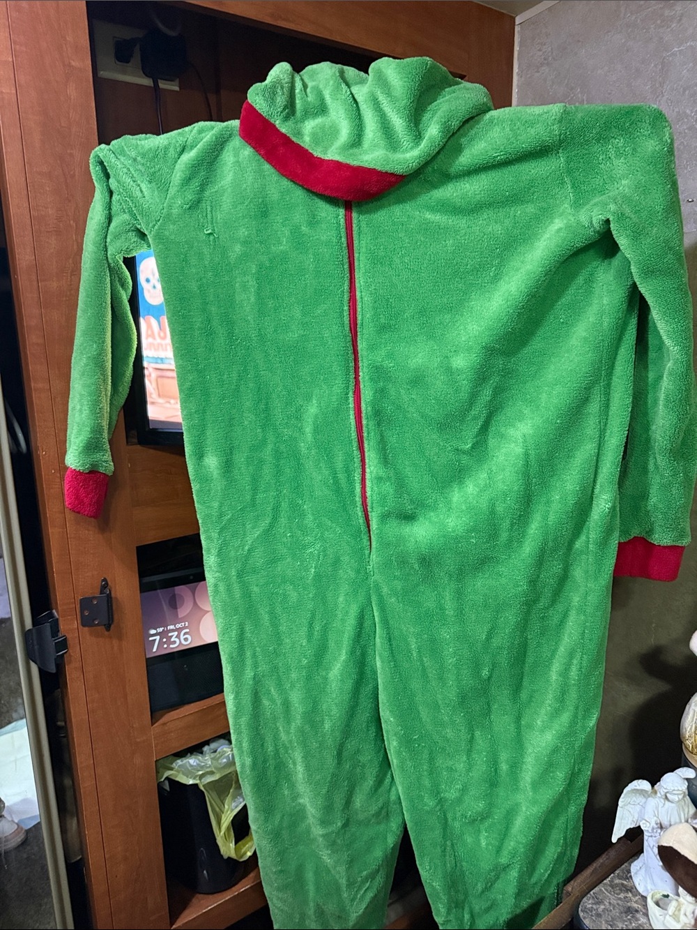 Kids Green Plush Hooded One-Piece with Red Trim - Cozy Fleece Bodysuit